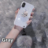 SYCASE luxury cute Soft Phone Case For iPhone X XR Xs Max 6 6S 7 8 Plus CASE Diamond Bracket hair ball Rhombus transparent cover