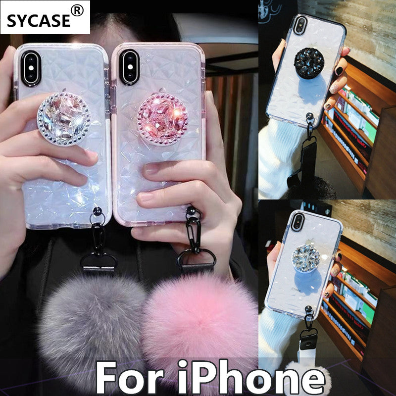 SYCASE luxury cute Soft Phone Case For iPhone X XR Xs Max 6 6S 7 8 Plus CASE Diamond Bracket hair ball Rhombus transparent cover