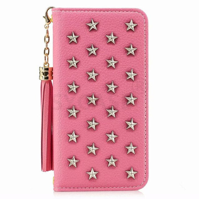 SYCASE mirror flip card phone case For iPhone X 6 Plus 6S Plus 7 Plus 8 Plus Fashion Tassel Pentagram Star rivet Wallet holster