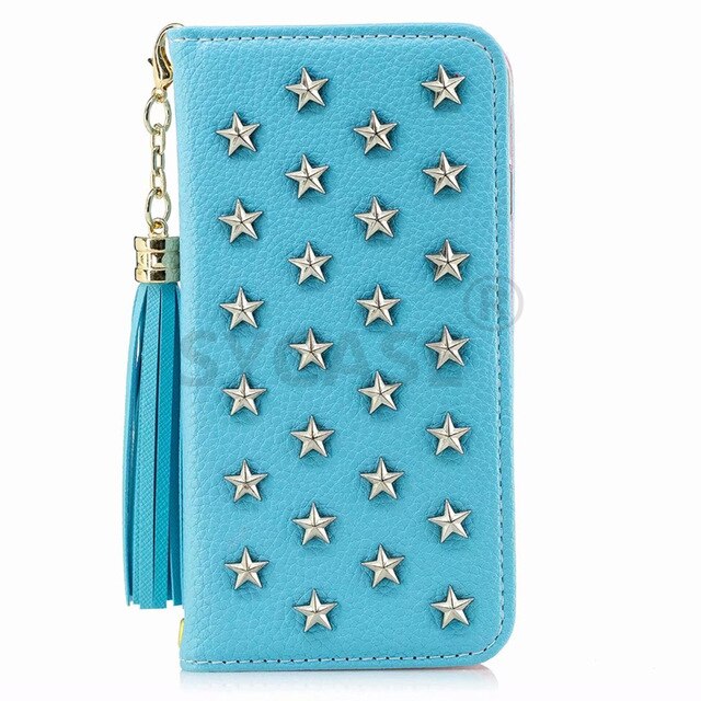 SYCASE mirror flip card phone case For iPhone X 6 Plus 6S Plus 7 Plus 8 Plus Fashion Tassel Pentagram Star rivet Wallet holster