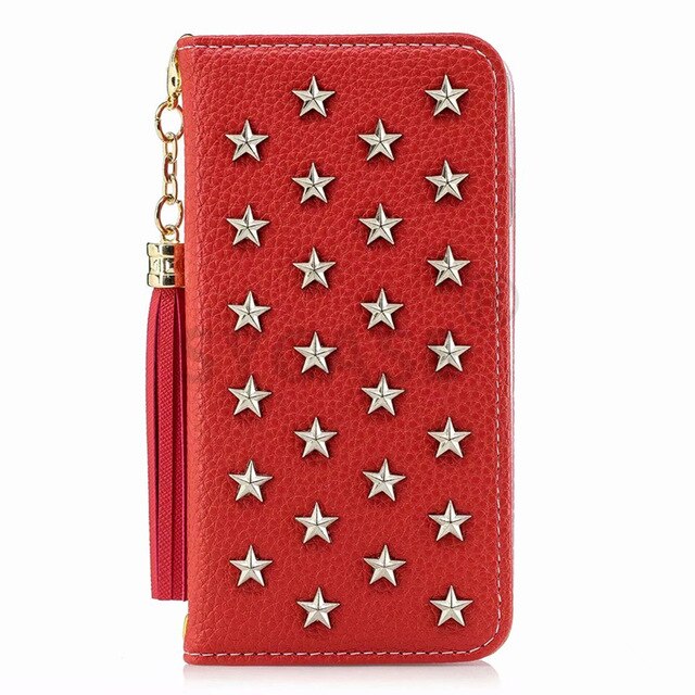 SYCASE mirror flip card phone case For iPhone X 6 Plus 6S Plus 7 Plus 8 Plus Fashion Tassel Pentagram Star rivet Wallet holster