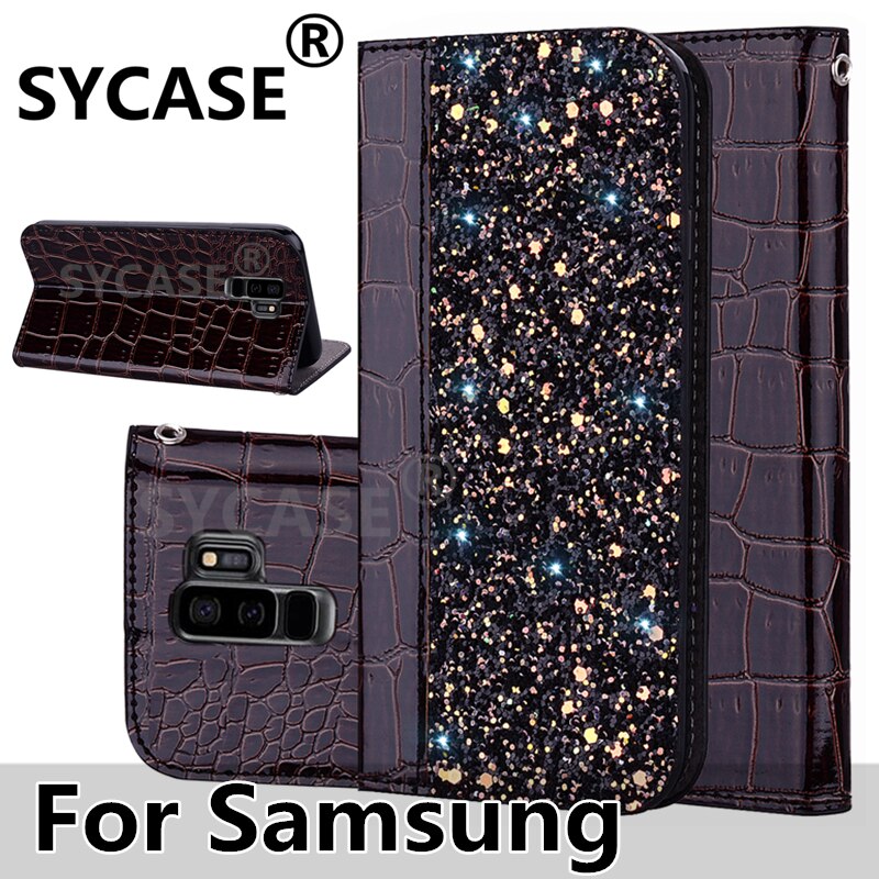 SYCASE stitching sequins flash flip Holster For Samsung Galaxy S8 plus S9 Plus Note9 case Personality Crocodile leather cover Ms