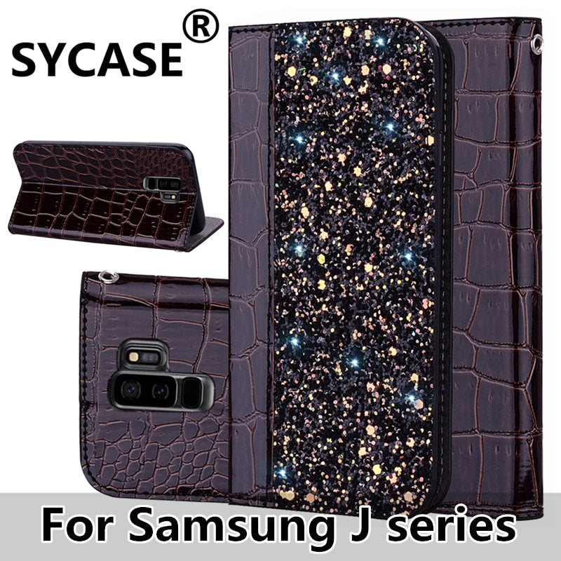 SYCASE stitching sequins flash flip Holster For Samsung J4 J6 EU J4 plus J6 Plus J8 2018 Case luxurious Crocodile leather cover