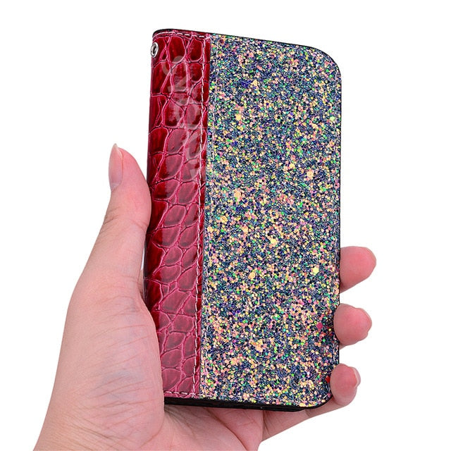 SYCASE stitching sequins flash flip Holster For Samsung J4 J6 EU J4Plus J6 plus 2018 case Personality Crocodile leather cover