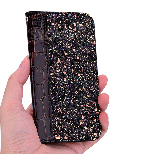 SYCASE stitching sequins flash flip Holster For Samsung J5 J7 Prime J6 J4 Plus 2018 case Personality Crocodile leather cover