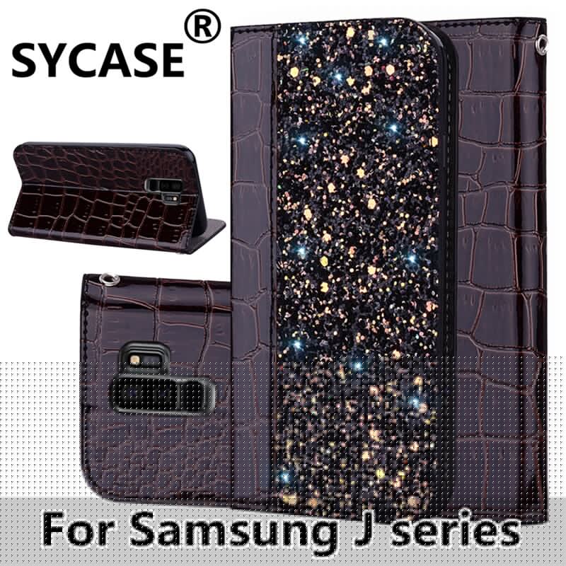 SYCASE stitching sequins flash flip Holster For Samsung J5 J7 Prime J6 J4 Plus 2018 case Personality Crocodile leather cover