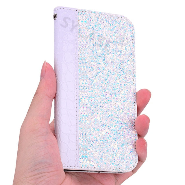 SYCASE stitching sequins flash flip Holster For Samsung S8 S9 Plus S10 plus S10 Lite s9 Case luxurious Crocodile leather Cover