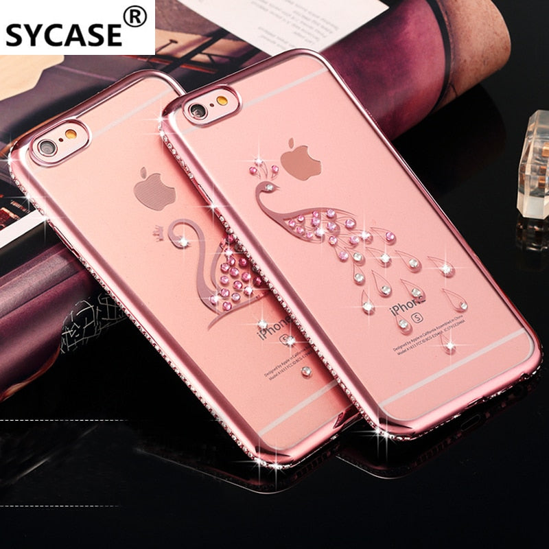 SYCASEFor iPhone 6 6S 7 8 Plus Luxury Bling Rhinestone Case Glitter TPU Diamond Soft Silicone Cover Gold Pink Phone Shell