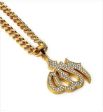 Stainless Steel Islamic Allah Pendant Necklace Gold CZ Stone Rhinestone 75cm Rope Chain for Men Women Hip Hop Jewelry Gift