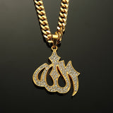 Stainless Steel Islamic Allah Pendant Necklace Gold CZ Stone Rhinestone 75cm Rope Chain for Men Women Hip Hop Jewelry Gift