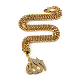 Stainless Steel Islamic Allah Pendant Necklace Gold CZ Stone Rhinestone 75cm Rope Chain for Men Women Hip Hop Jewelry Gift