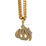 Stainless Steel Islamic Allah Pendant Necklace Gold CZ Stone Rhinestone 75cm Rope Chain for Men Women Hip Hop Jewelry Gift