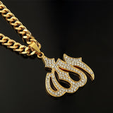 Stainless Steel Islamic Allah Pendant Necklace Gold CZ Stone Rhinestone 75cm Rope Chain for Men Women Hip Hop Jewelry Gift