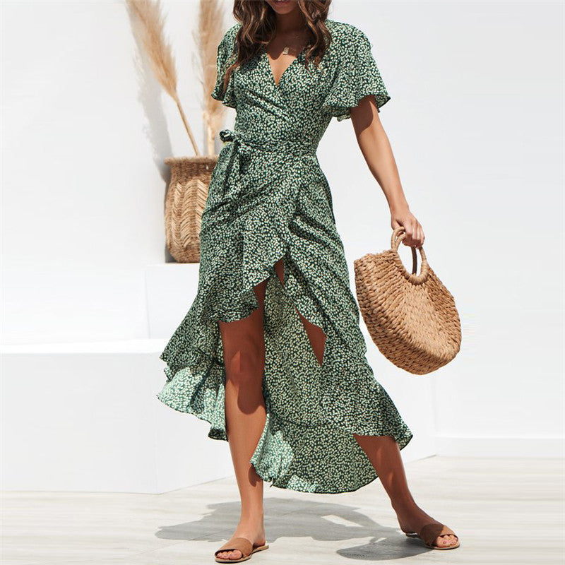Summer Beach Maxi Dress Women Floral Print Boho Long Chiffon Dress Ruffles Wrap Casual V-Neck Split Sexy Party Dress Robe Femme