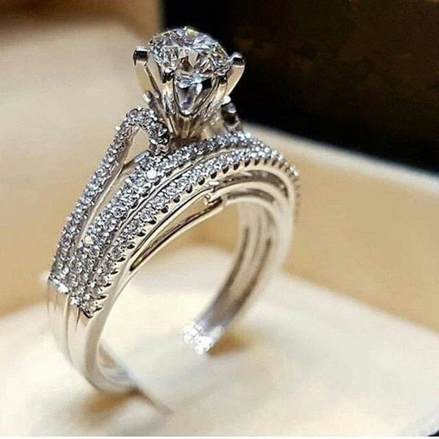 Tisonliz 2Pcs/set Crystal Rings Wedding Rings Set For Women Zircon Engagement Ring Rhinestone Bague Femme Jewelry Girls Gifts
