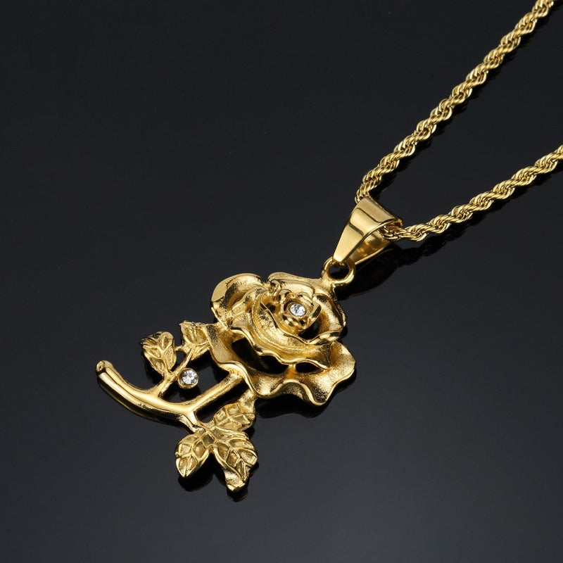 Top Quality Rose Metal Flowers Pendant Necklace Delicate Necklace Gold Chain Men Women Jewelry with Gift Box