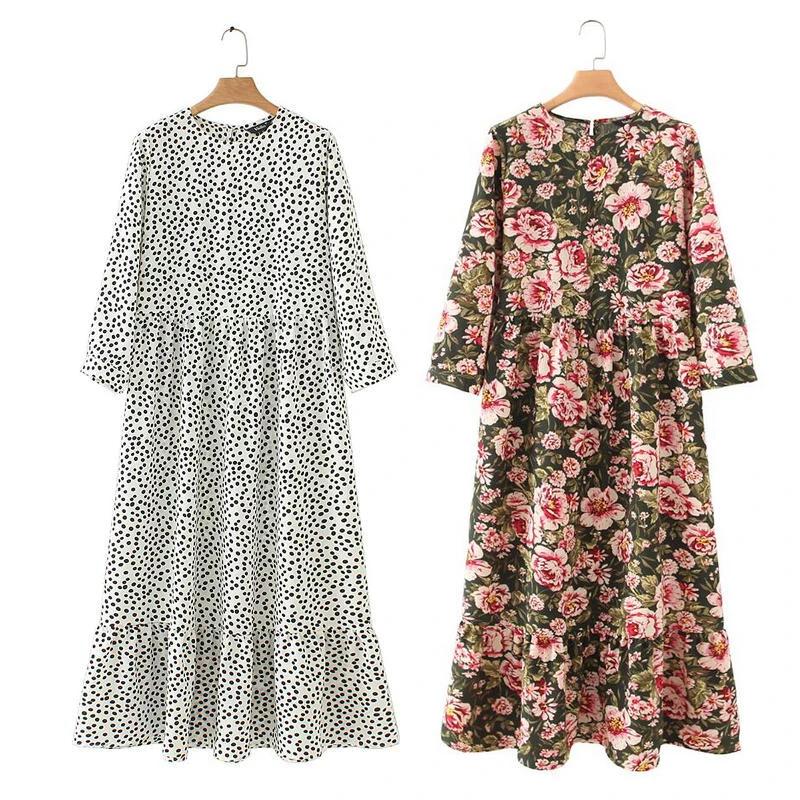 Vadim women dots print maxi dress pleated three quarter sleeve female casual straight dresses chic ankle length vestidos QB260