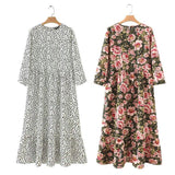 Vadim women dots print maxi dress pleated three quarter sleeve female casual straight dresses chic ankle length vestidos QB260