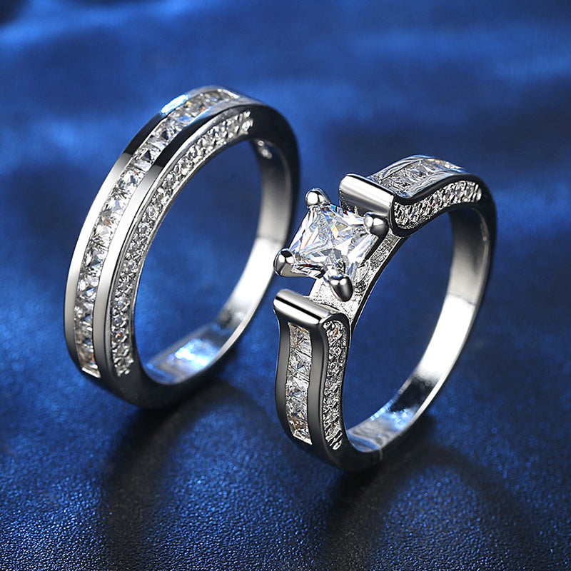 Luxury 2Pcs Ring Set Clear AAAA Cubic Zircon Ring for Lovers White gold Plated Square Drill