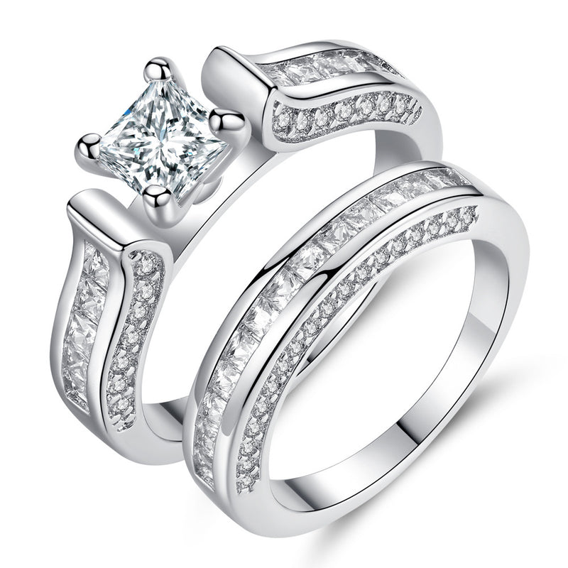 Luxury 2Pcs Ring Set Clear AAAA Cubic Zircon Ring for Lovers White gold Plated Square Drill