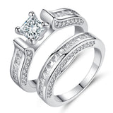 Luxury 2Pcs Ring Set Clear AAAA Cubic Zircon Ring for Lovers White gold Plated Square Drill