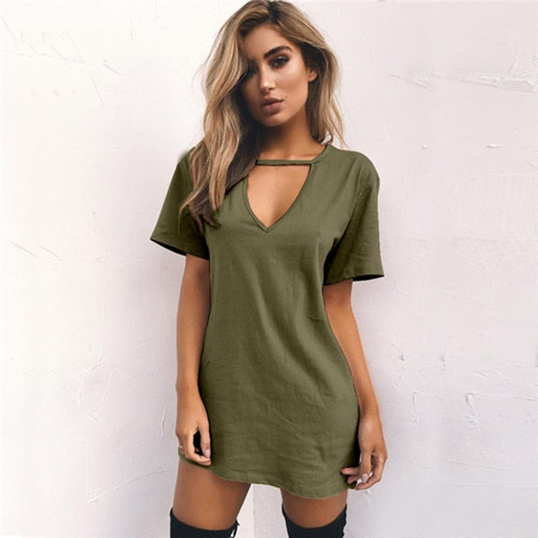 Choker V-neck Summer Dresses Short Sleeve Casual Sexy Halter Loose Boho Beach Dress Vestidos Plus Size