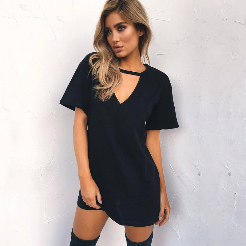 Choker V-neck Summer Dresses Short Sleeve Casual Sexy Halter Loose Boho Beach Dress Vestidos Plus Size