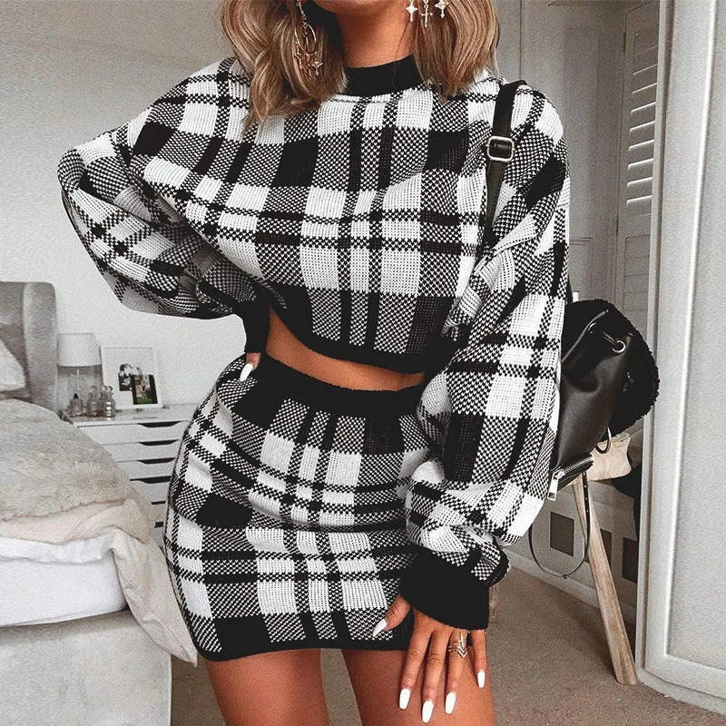 Glamaker Plaid knitted two-piece suit sexy autumn Dress women elegant winter sweater dress Sexy female fashion party short dress