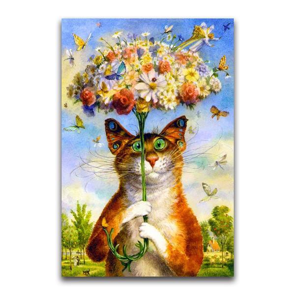 F&S Diamond Painting Store Cat is holding Flowers with Butterflies