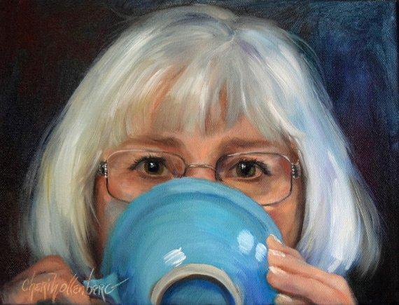 F&S Gift Store Custom Coffee Cup Selfie Painting, Free Shipping, Original Oil on Canvas of You by Me, Cheri Wollenberg