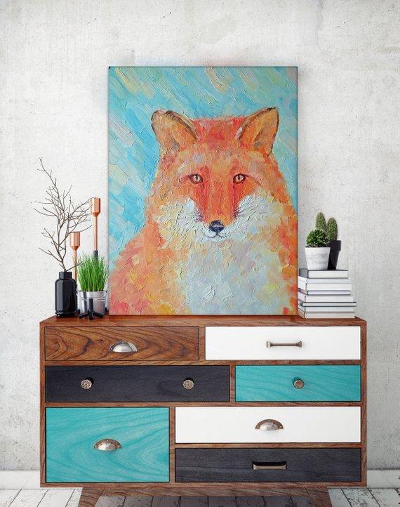 F&S Gift Store Fox Portrait Pastel Oil Painting Linen Canvas Custom Wildlife Animal Folk Art Child Room Decor Nursery Birthday Kids warming gift Surprise