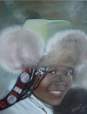 F&S Gift Store Personal oil painting, smiling Tibetan woman portrait, Photo child portrait, folklore portrait with pearls, green fur hat