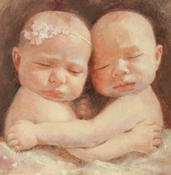 F&S Gift Store Baby Gift Custom oil painting portrait twins art twin baby gift room décor newborn chic modern original fine art personalized boy girl