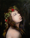 F&S Gift Store Girl with flowers, Original Oil Painting, Portrait, Nude, Female Figure, Beautiful Woman, Dreamy, Dark, Face, Photo Realistic, Small