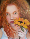 F&S Gift Store Sunflower Season, Original Oil Painting of a Beautiful Red haired Girl, Photo realistic, Contemporary Realism, Flowers, Pretty Girl