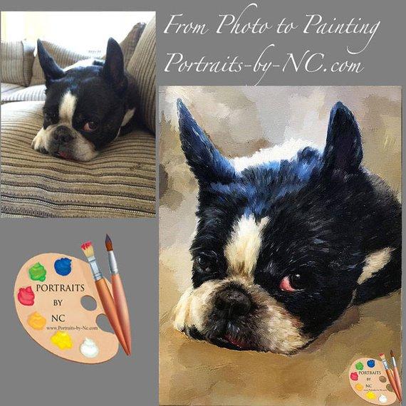 F&S Gift Store Boston Terrier Oil Portrait - Custom Dog Portrait - Boston Terrier Painting from your Photo - Portraits by NC