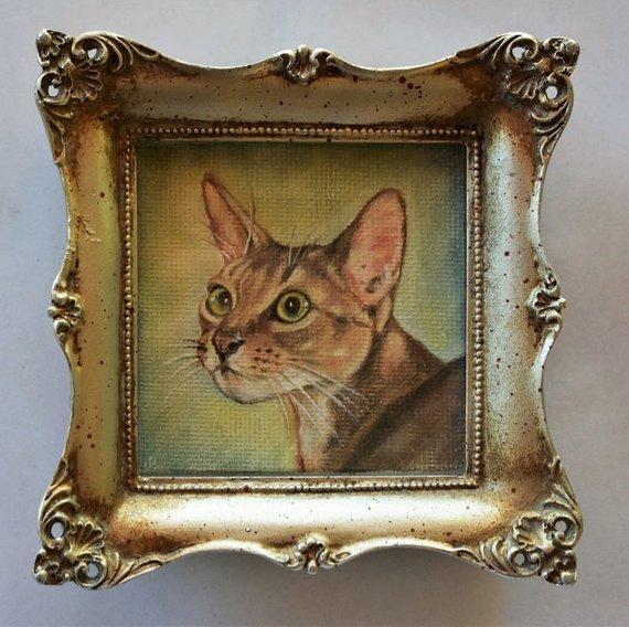 F&S Gift Store Custom Cat Portrait Painting, Miniature Portrait Painting Realistic Cat Portraits
