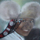 F&S Gift Store Personal oil painting, smiling Tibetan woman portrait, Photo child portrait, folklore portrait with pearls, green fur hat