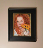 F&S Gift Store Sunflower Season, Original Oil Painting of a Beautiful Red haired Girl, Photo realistic, Contemporary Realism, Flowers, Pretty Girl