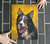F&S Gift Store Dog portrait australian shepherd, pet painting, original oil painting dog lover gift, yellow background artwork, custom portrait animal art