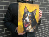 F&S Gift Store Dog portrait australian shepherd, pet painting, original oil painting dog lover gift, yellow background artwork, custom portrait animal art