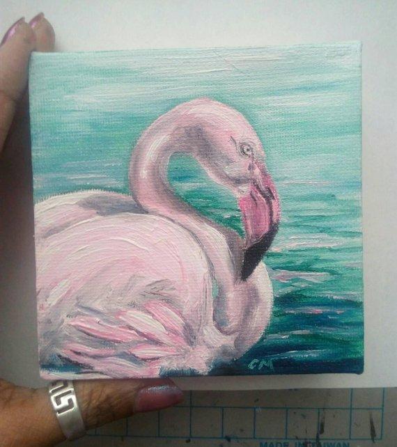 F&S Gift Store Oil Painting Flamingo 4" x 4" Heavy Duty Gallery Wrap Canvas Ready to Ship