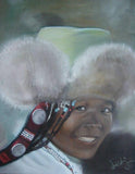 F&S Gift Store Personal oil painting, smiling Tibetan woman portrait, Photo child portrait, folklore portrait with pearls, green fur hat