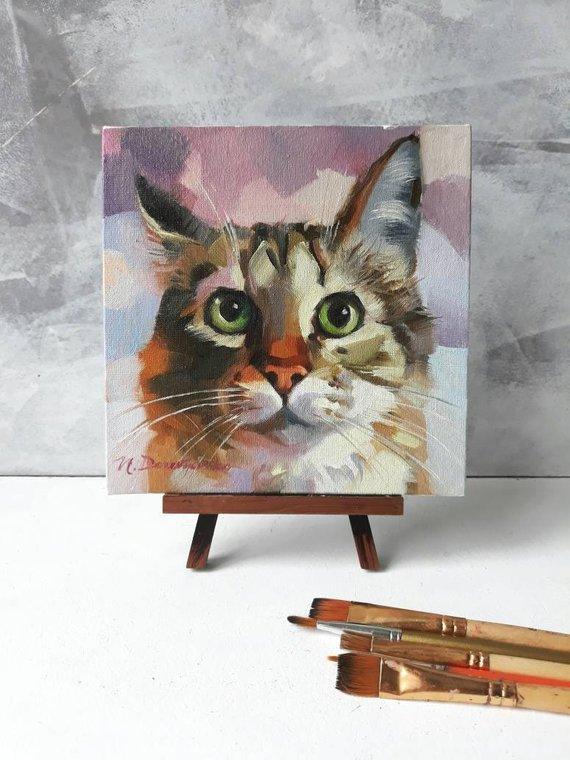 F&S Gift Store Cute cat painting portrait original on canvas oil Custom pet portrait cat art illustration Birthday lover gift lady Home decor Wall art