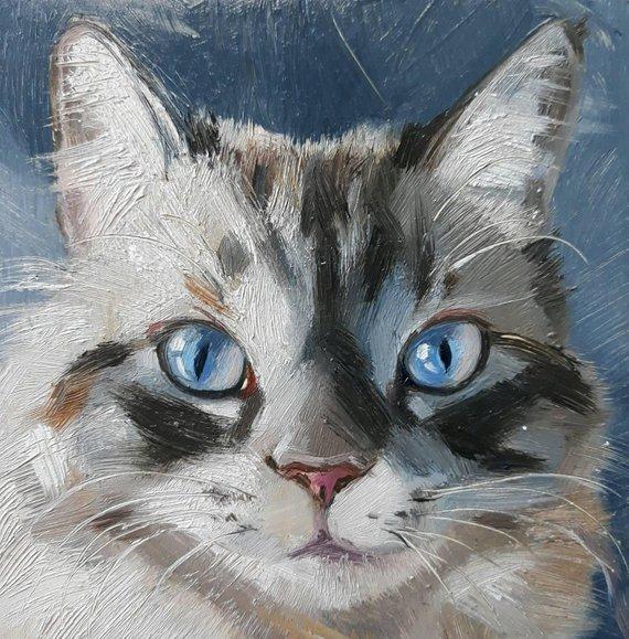 F&S Gift Store Blue eyes cat oil painting original art on wood custom cat pet portrait illustration to order Birthday lover gift lady Wall art
