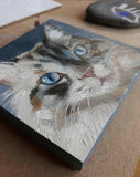 F&S Gift Store Blue eyes cat oil painting original art on wood custom cat pet portrait illustration to order Birthday lover gift lady Wall art