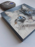 F&S Gift Store Blue eyes cat oil painting original art on wood custom cat pet portrait illustration to order Birthday lover gift lady Wall art