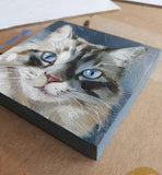 F&S Gift Store Blue eyes cat oil painting original art on wood custom cat pet portrait illustration to order Birthday lover gift lady Wall art