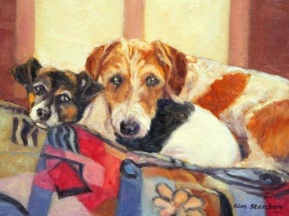 F&S Gift Store Dachshund Jack Russel Terrier Custom Pet Dog Double Portrait Oil Commission Painting from Your Photo 9" x 12" Unique Gift By Kim Stenberg