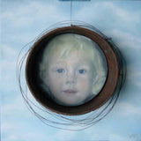 F&S Gift Store Art Box oil portrait painting, custom sky blue children Portrait, hand painted realistic rusty brown vintage girls portrait, Art collectible